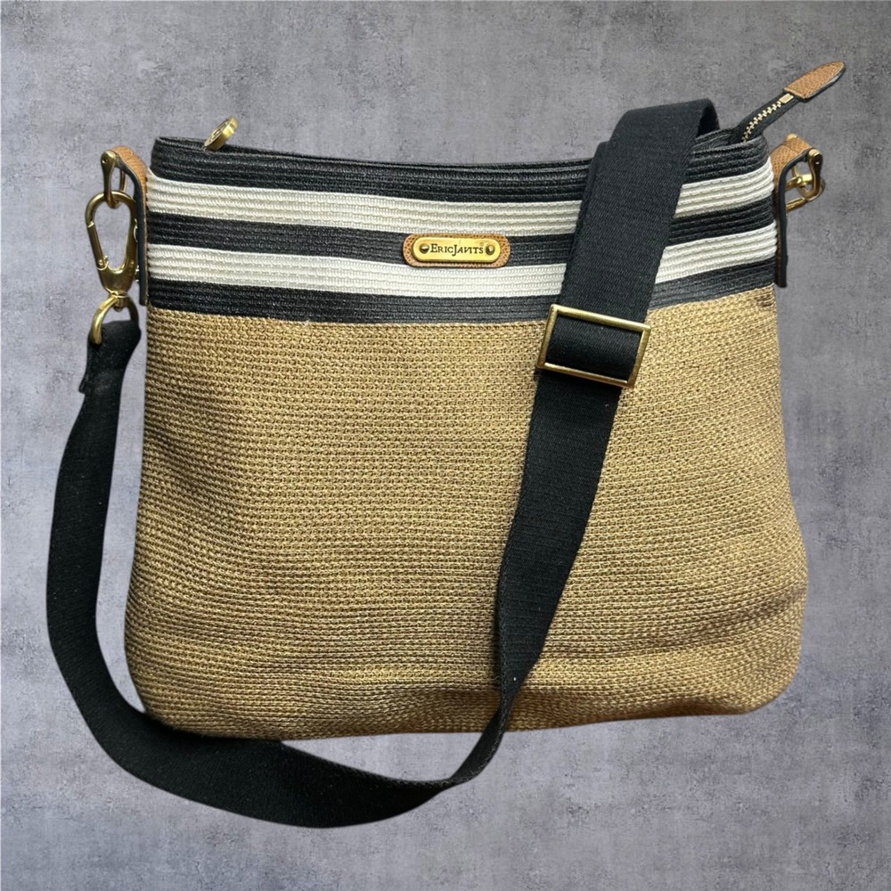 Eric Javits Squishee Crossbody Bag Womens Medium Tan Black Excellent Striped Zip